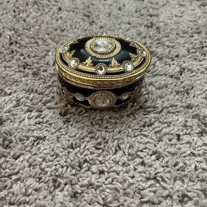 Vintage Japan Trinket Music Box | Black Enamel, Gold Trim, Crystal Accents